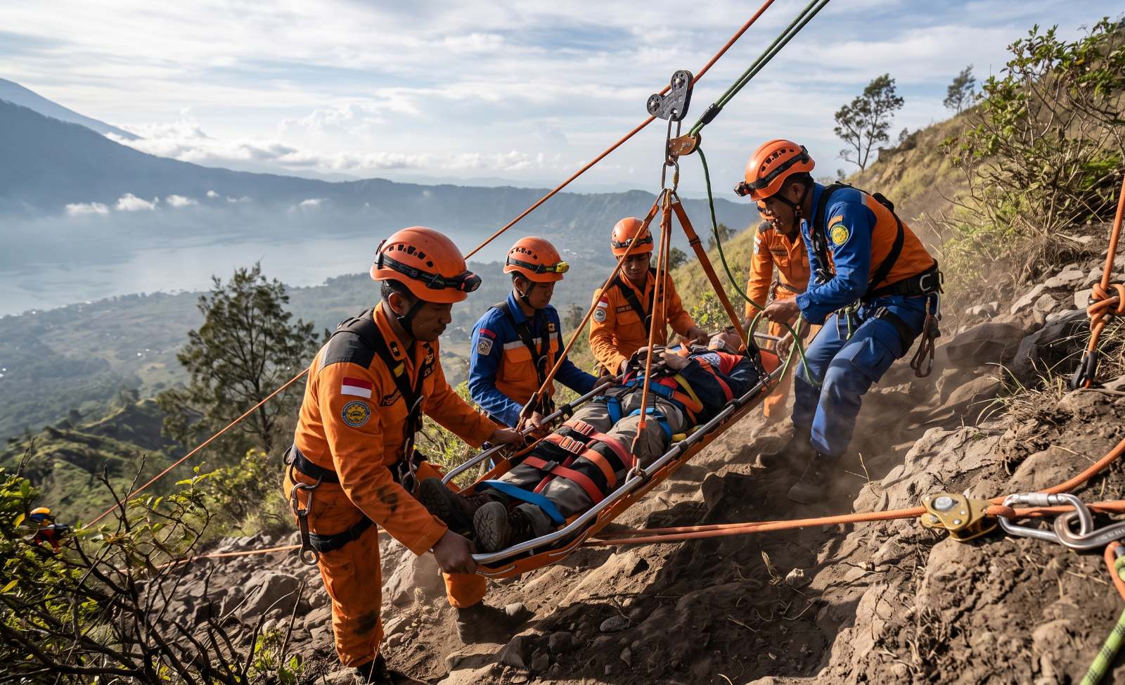 Ilustrasi simulasi operasi slope rescue oleh tim SAR di medan terjal.