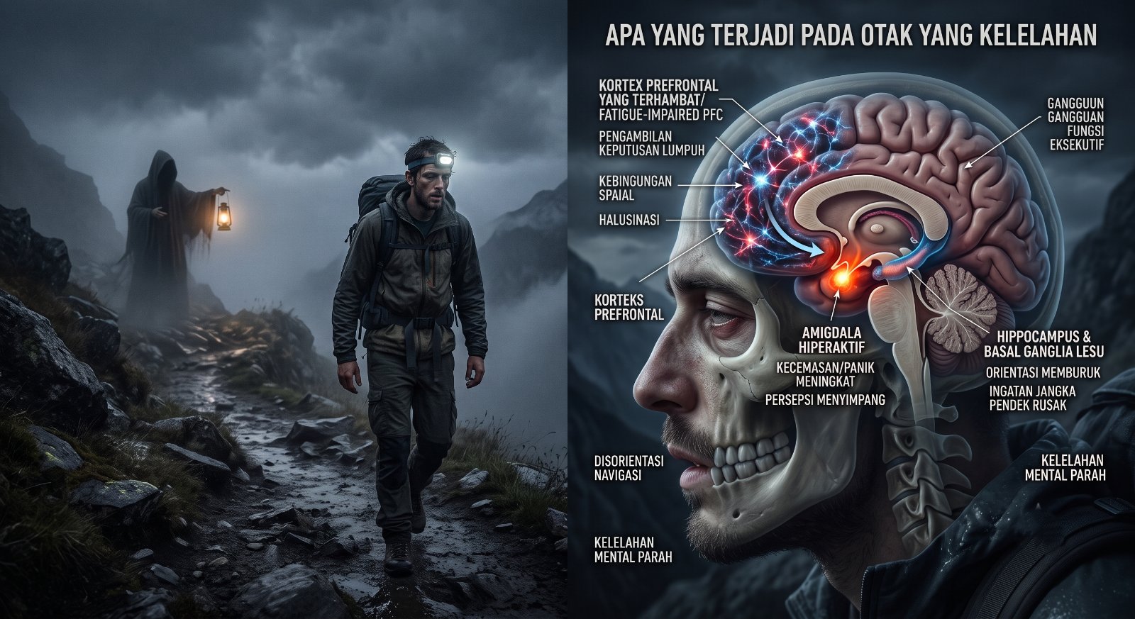 Ilustrasi sendiri: siluet pendaki dan bayangan lampu kepala di kabut